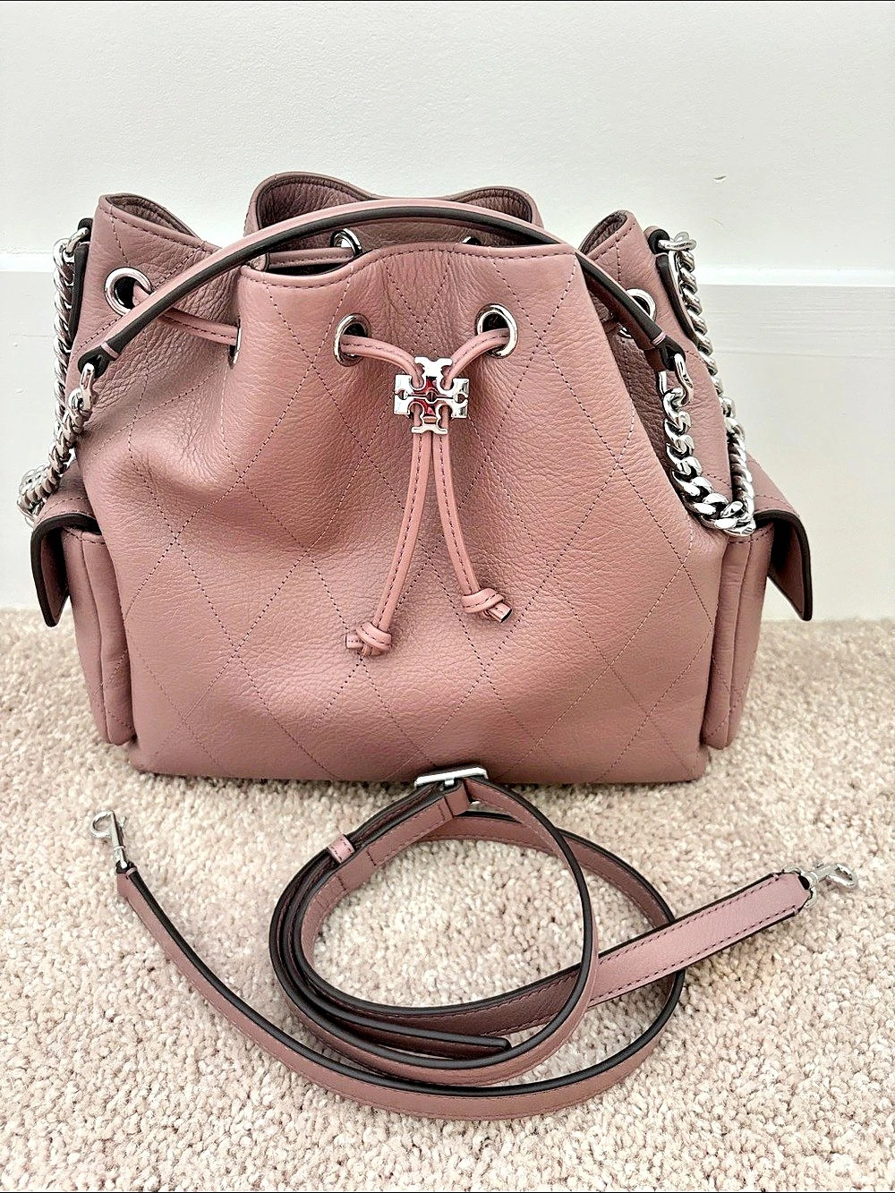 Tory Burch Charlie Quilted Drawstring Shoulder Bag Mauve